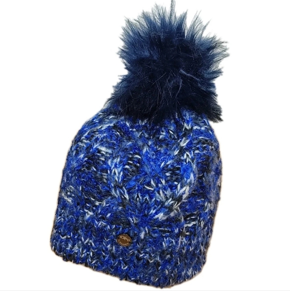 Screamer Pom Pom Beanie Stocking Hat Marble Blue Cable Knit Winter Ski Travel OS